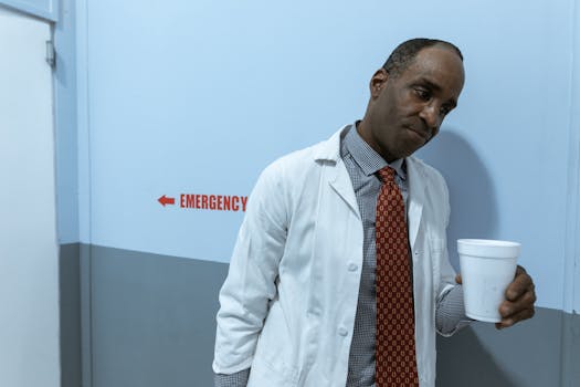 healthcare professional stretching in the break room